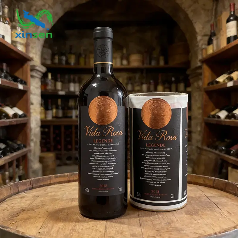 Rótulo de garrafa de vinho com tipografia personalizada em relevo profundo